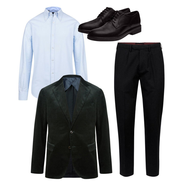Outfit uomo - Giacca verde in velluto. Stile Casual per Serata speciale. Abbinamento con giacche, scarpe stringate, pantaloni, camicie.