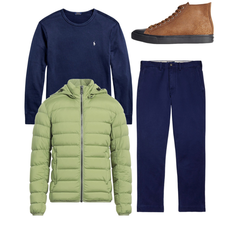 Outfit uomo - City. Stile Casual per Tutti i giorni. Abbinamento con piumini, sneakers, pantaloni chino, felpe.