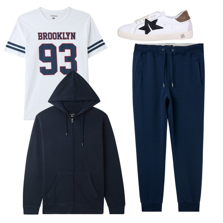 Outfit uomo - Total look. Stile Urban per Sport. Abbinamento con felpe con cappuccio, t-shirt, pantaloni, sneakers.