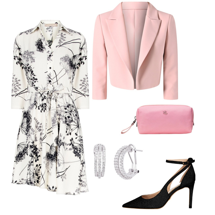 Outfit donna - Fiori neri. Stile Chic per Cerimonia. Abbinamento con orecchini, vestiti chemisier, blazer, décolleté, pochette.