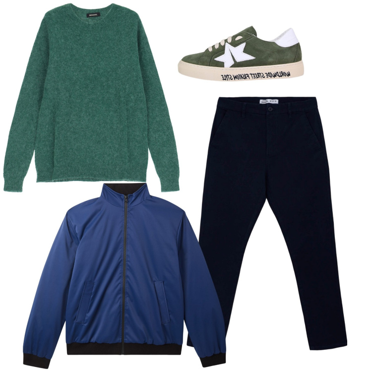 Outfit uomo - City. Stile Casual per Tutti i giorni. Abbinamento con pantaloni chino, giacche, sneakers, maglieria.