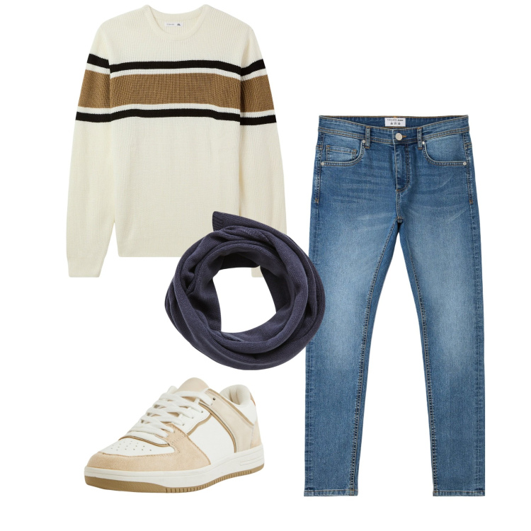 Outfit uomo - City Terranova. Stile Casual per Tutti i giorni. Abbinamento con sciarpe, sneakers, jeans skinny, maglieria.