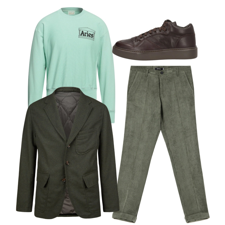 Outfit uomo - Green tweed wool. Stile Casual per Tutti i giorni. Abbinamento con sneakers alte, felpe, pantaloni, giacche.