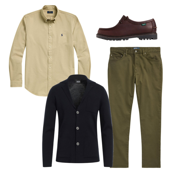 Outfit uomo - City. Stile Casual per Tutti i giorni. Abbinamento con cardigans, scarpe stringate, pantaloni chino, camicie.