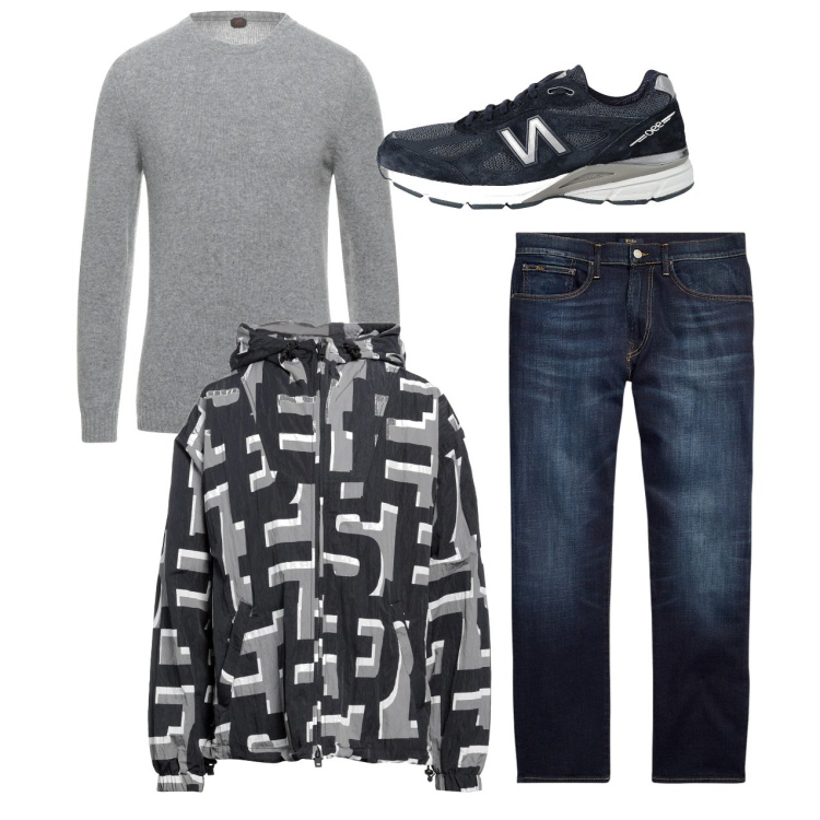 Outfit uomo - Optical city. Stile Urban per Tutti i giorni. Abbinamento con pullovers, giacche, sneakers, jeans dritti.