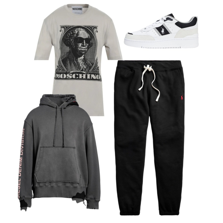Outfit uomo - City. Stile Urban per Tutti i giorni. Abbinamento con t-shirt, felpe con cappuccio, pantaloni, sneakers.