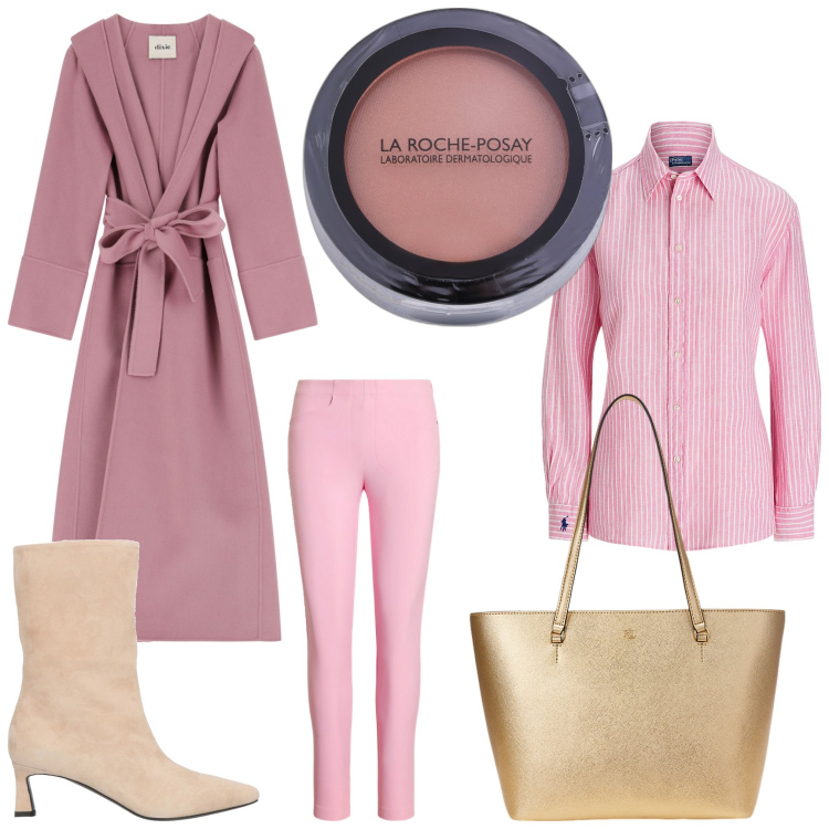 Outfit donna - In rosa. Stile Chic per Serata fuori. Abbinamento con stivaletti, blush, cappotti, borse tote, pantaloni, camicie.