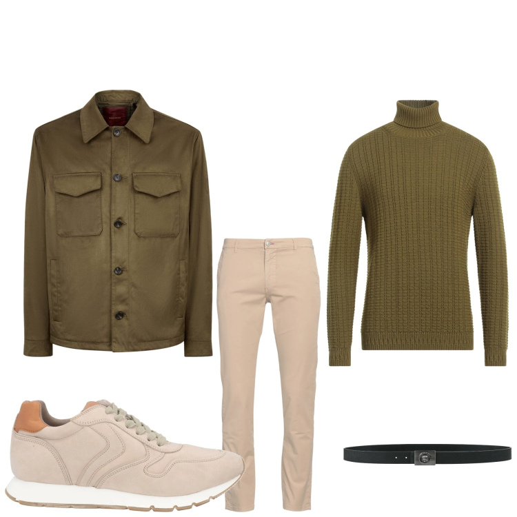Outfit uomo - Sabbia e muschio. Stile Casual per Serata speciale. Abbinamento con maglieria, pantaloni, sneakers, cinture, giacche.