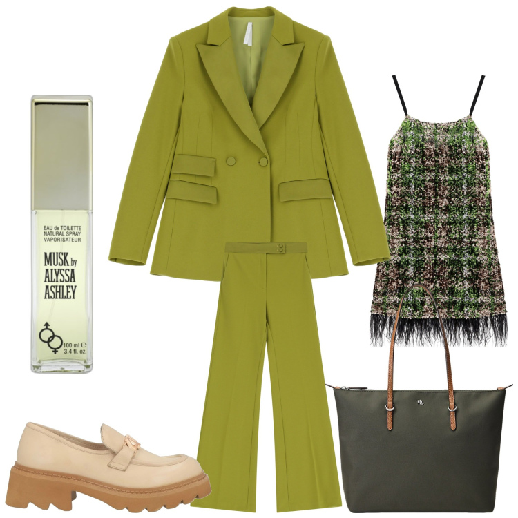 Outfit donna - Il mio verde. Stile Casual chic per Ufficio. Abbinamento con mocassini, profumi, blazer, pantaloni, vestiti, borse tote.
