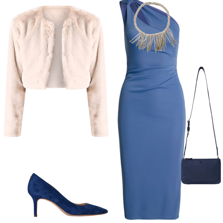 Outfit donna - Cerimonia a febbraio. Stile Chic per Cerimonia. Abbinamento con collane, bolero, vestiti asimmetrici, borse a tracolla, décolleté.