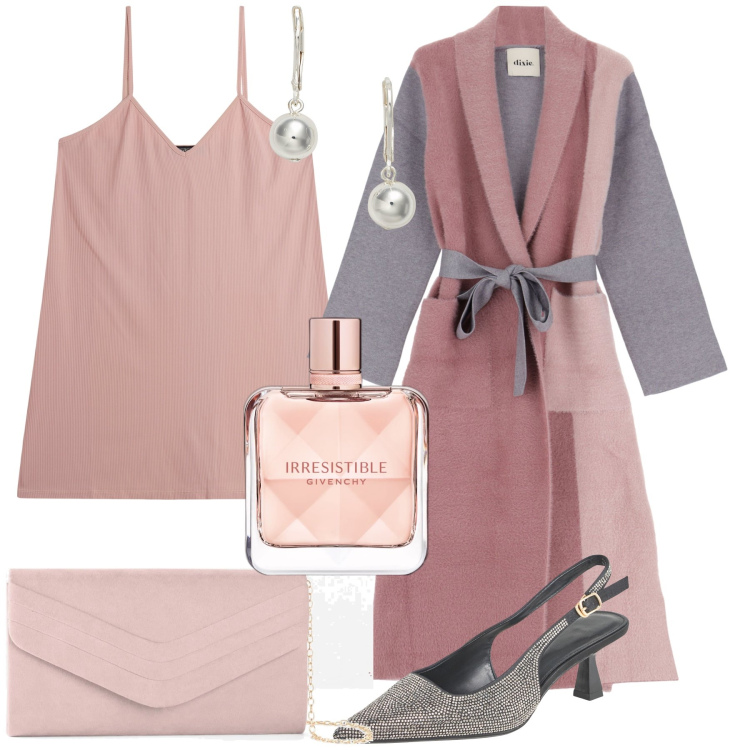 Outfit donna - Irresistibile in rosa cipria. Stile Bon Ton per Serata fuori. Abbinamento con pochette, profumi, décolleté, vestiti corti, cappotti, orecchini.