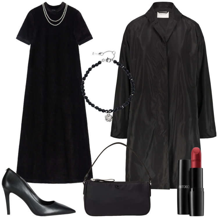 Outfit donna - Serata in black and red lipstick. Stile Glamour per Serata fuori. Abbinamento con décolleté, rossetti, braccialetti, vestiti lunghi, pochette, trench.