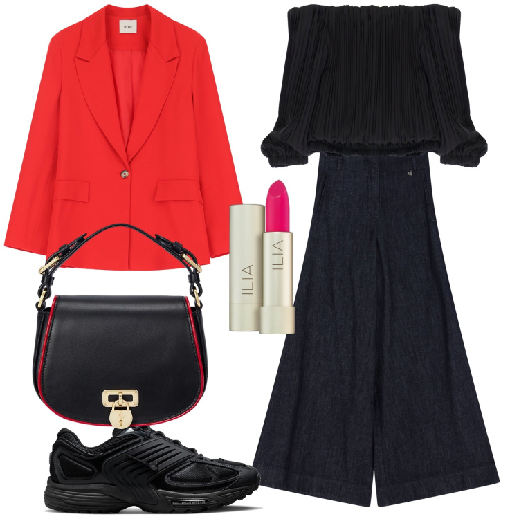Outfit donna - Insolito look da aperitivo. Stile Trendy per Serata fuori. Abbinamento con rossetti, top, blazer, jeans, borse a tracolla, sneakers.
