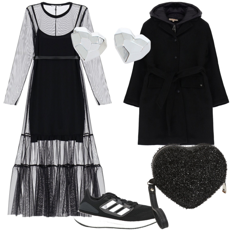 Outfit donna - Amore trasparenze e sneakers. Stile Glamour per Serata fuori. Abbinamento con sneakers, vestiti lunghi, cappotti, portafogli, orecchini.