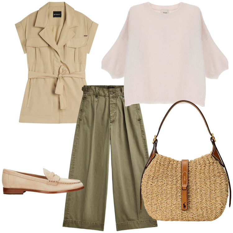 Outfit donna - Simply Spring. Stile Basic per Tutti i giorni. Abbinamento con trench, pullovers, pantaloni, borse a spalla, mocassini.
