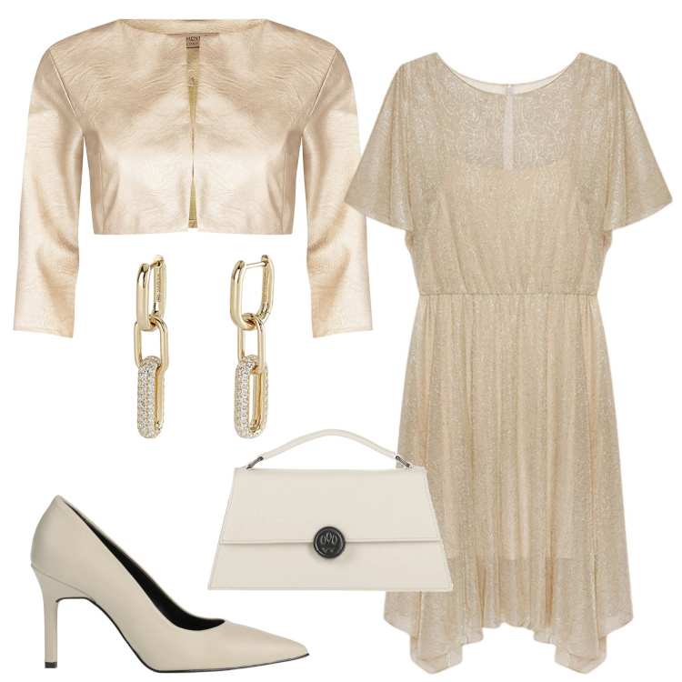 Outfit donna - Abito ansimmetrico. Stile Chic per Cerimonia. Abbinamento con décolleté, borse a mano, orecchini, bolero, vestiti asimmetrici.