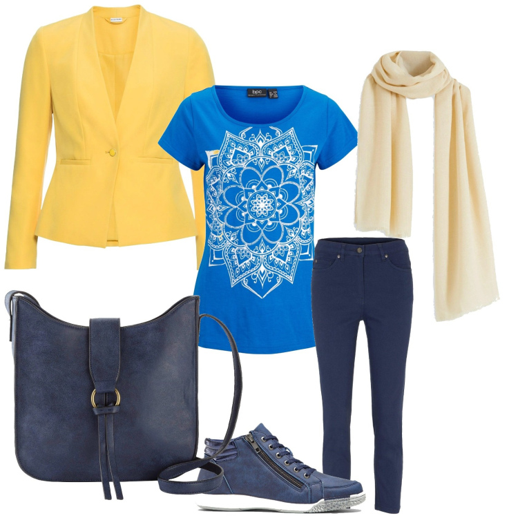 Outfit donna - Giacca gialla. Stile Basic per Tutti i giorni. Abbinamento con blazer, sneakers alte, pantaloni, t-shirt, borse a tracolla, sciarpe.