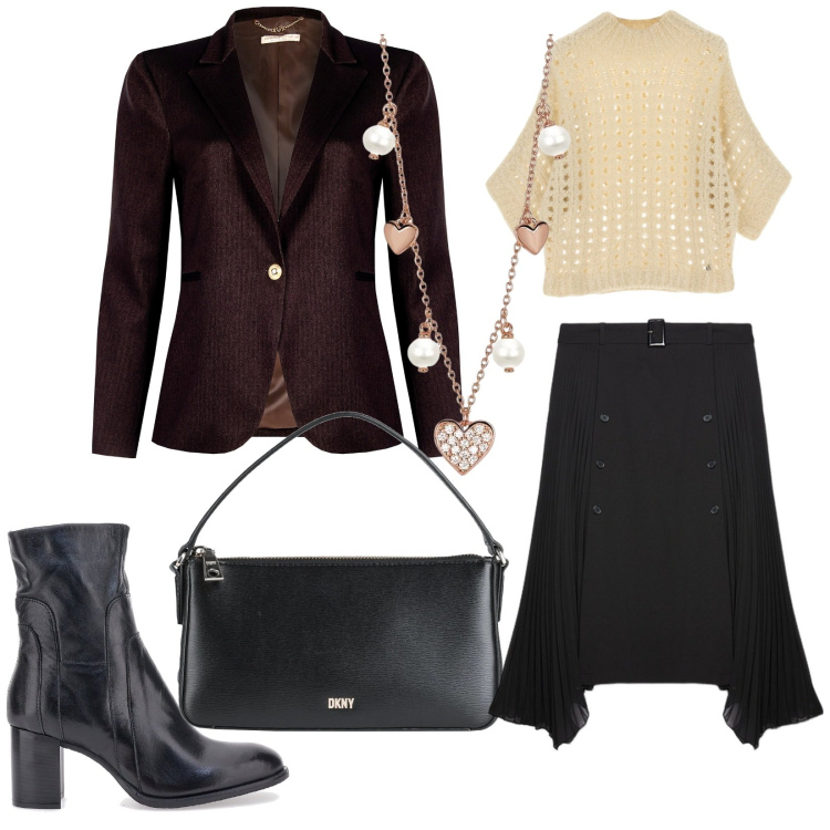Outfit donna - Buongiorno. per Ufficio. Abbinamento con borse a mano, collane, blazer, pullovers, stivaletti, gonne longuette.