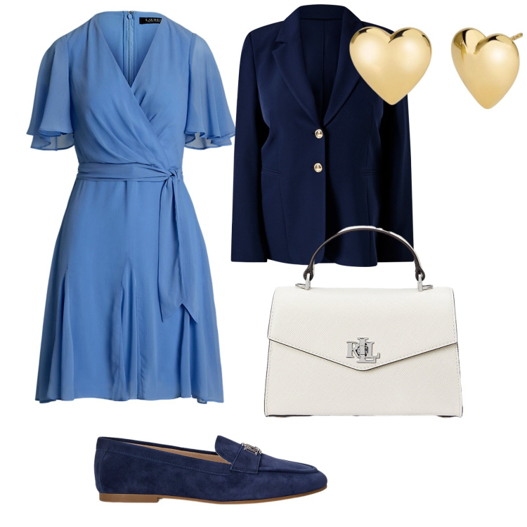 Outfit donna - Un aperitivo con le amiche. per Tutti i giorni. Abbinamento con orecchini, blazer, vestiti, mocassini, borse a mano.