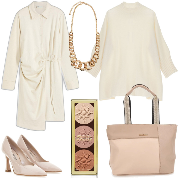Outfit donna - Abiti asimmetrici - colori tenui. Stile Minimal per Tutti i giorni. Abbinamento con vestiti, terre, cappe, décolleté, borse a spalla, collane.