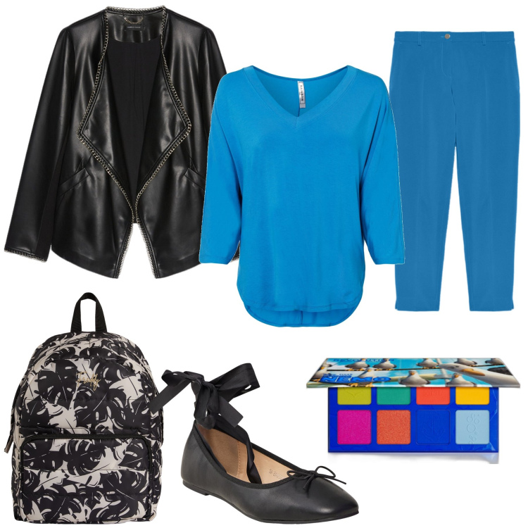 Outfit donna - Ombretto blu. Stile Casual per Tutti i giorni. Abbinamento con maglieria, ombretti, ballerine, zaini, pantaloni, blazer.