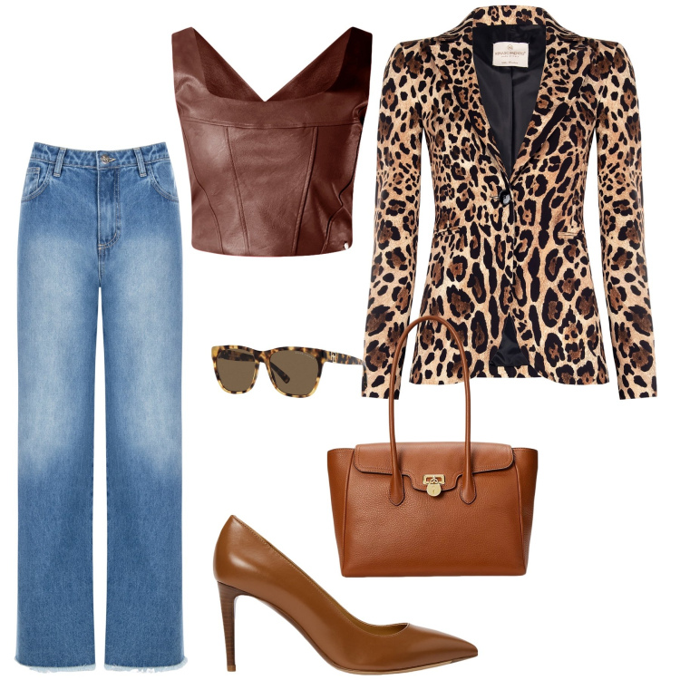 Outfit donna - Animaliier. Stile Casual chic per Ufficio. Abbinamento con blazer, top, jeans dritti, borse a mano, décolleté, occhiali da sole.