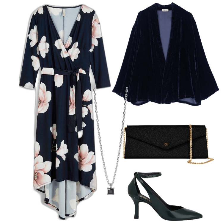 Outfit donna - Abito asimmetrico - sopra la 50. Stile Chic per Cerimonia. Abbinamento con vestiti lunghi, collane, pochette, blazer, décolleté.