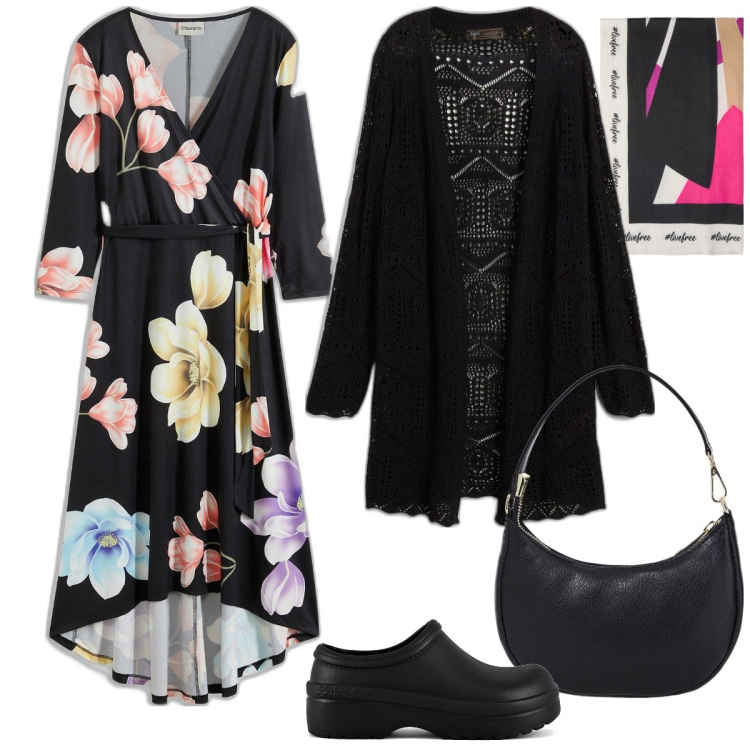 Outfit donna - Asimmetrico sopra la 50. Stile Romantica per Tutti i giorni. Abbinamento con vestiti lunghi, cardigans, borse a spalla, sandali, sciarpe.