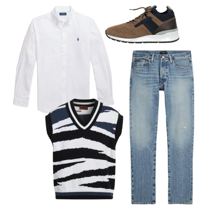 Outfit uomo - Il gilet zebrato. Stile Urban per Tutti i giorni. Abbinamento con sneakers, pullovers, camicie, jeans.