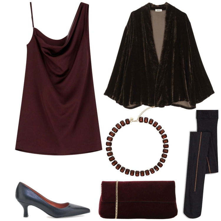 Outfit donna - L\'abito asimmetrico per la serata. Stile Glamour per Serata fuori. Abbinamento con collant, blazer, pochette, collane, vestiti asimmetrici, décolleté.