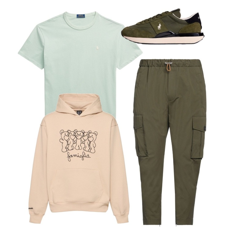 Outfit uomo - City. Stile Urban per Tutti i giorni. Abbinamento con pantaloni cargo, t-shirt, sneakers, felpe con cappuccio.