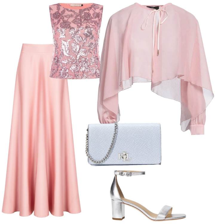 Outfit donna - Rosa cipria. Stile Bon Ton per Cerimonia. Abbinamento con camicie, top, gonne, sandali in pelle, borse a tracolla.