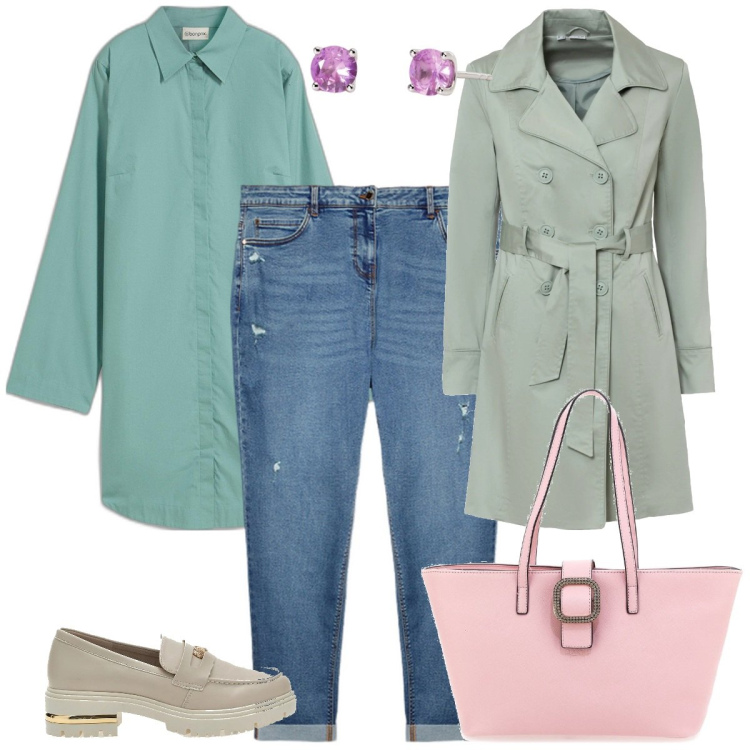 Outfit donna - Tonalità pastello. Stile Basic per Tutti i giorni. Abbinamento con trench, vestiti chemisier, orecchini, mocassini, jeans strappati, borse a spalla.