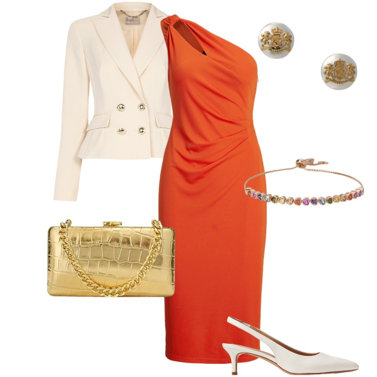 Outfit donna - Abito monospalla. Stile Chic per Cerimonia. Abbinamento con braccialetti, décolleté, orecchini, vestiti asimmetrici, clutch, blazer.