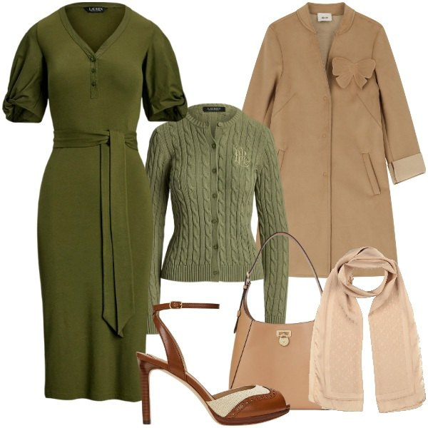 Outfit donna - I colori della terra. Stile Bon Ton per Ufficio. Abbinamento con sciarpe, cappotti, cardigans, vestiti, sandali in pelle, borse a spalla.