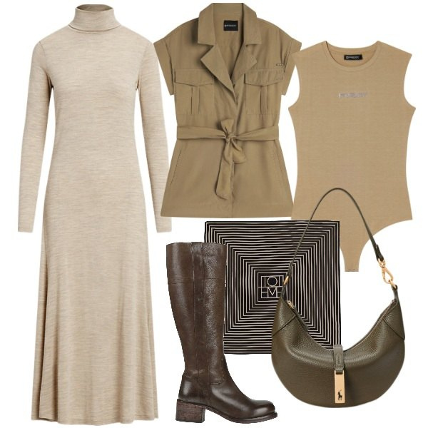 Outfit donna - I colori della terra. Stile Trendy per Tutti i giorni. Abbinamento con stivali, body, trench, borse a spalla, vestiti, foulard.