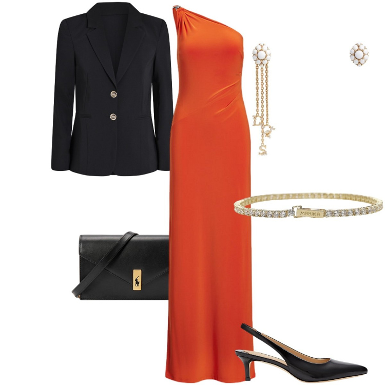 Outfit donna - Come una dea greca. Stile Chic per Cerimonia. Abbinamento con orecchini, braccialetti, blazer, clutch, décolleté, vestiti asimmetrici.