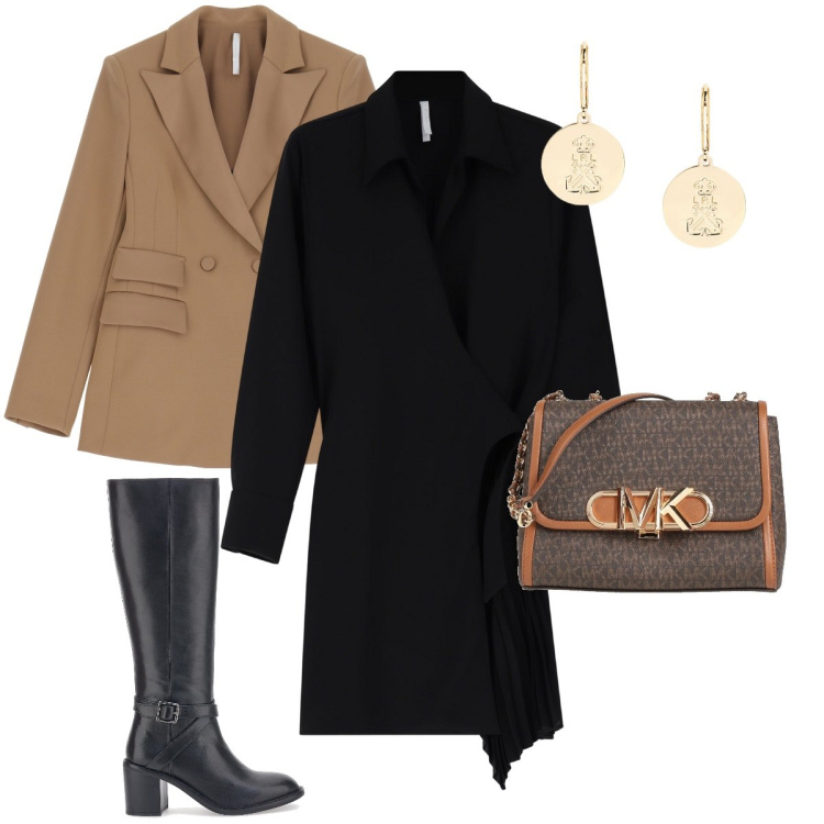 Outfit donna - Abito asimmetrico. Stile Bon Ton per Serata fuori. Abbinamento con borse a tracolla, blazer, vestiti corti, orecchini, stivali.