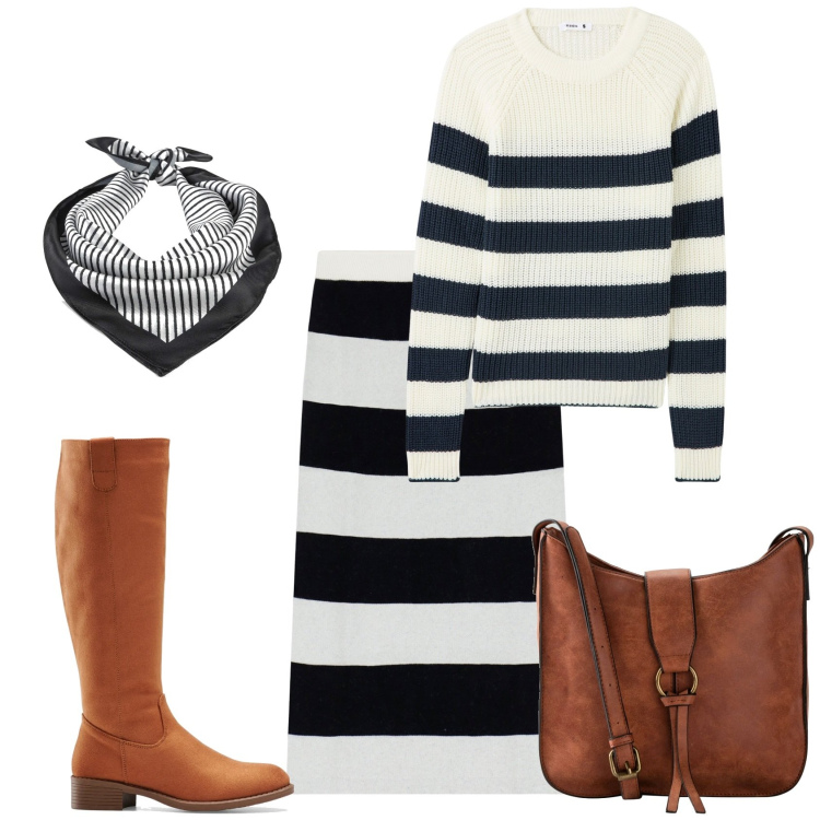 Outfit donna - Righe. Stile Urban per Tutti i giorni. Abbinamento con borse a tracolla, stivali, foulard, maglieria, gonne longuette.