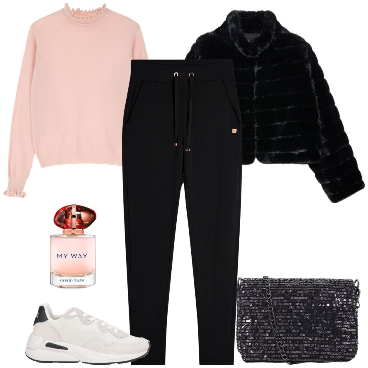 Outfit donna - Serata casual-chich. Stile Casual chic per Serata fuori. Abbinamento con sneakers, profumi, maglieria, pantaloni, borse a tracolla, blazer.