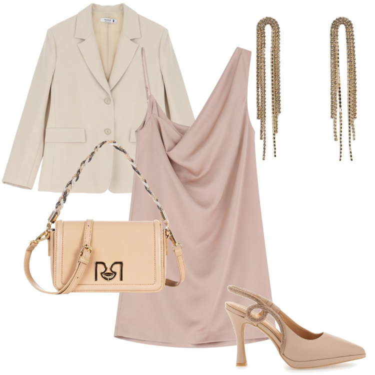 Outfit donna - Tonalità pastello. Stile Romantica per Cerimonia. Abbinamento con orecchini, borse a tracolla, blazer, vestiti asimmetrici, décolleté.