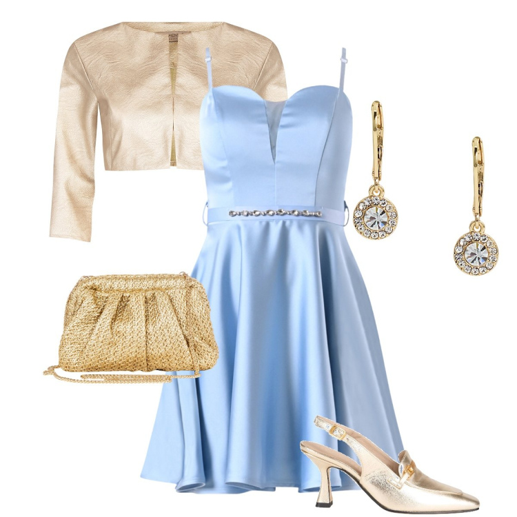 Outfit donna - Romantica e delicata. Stile Romantica per Cerimonia. Abbinamento con décolleté, vestiti corti, bolero, clutch, orecchini.