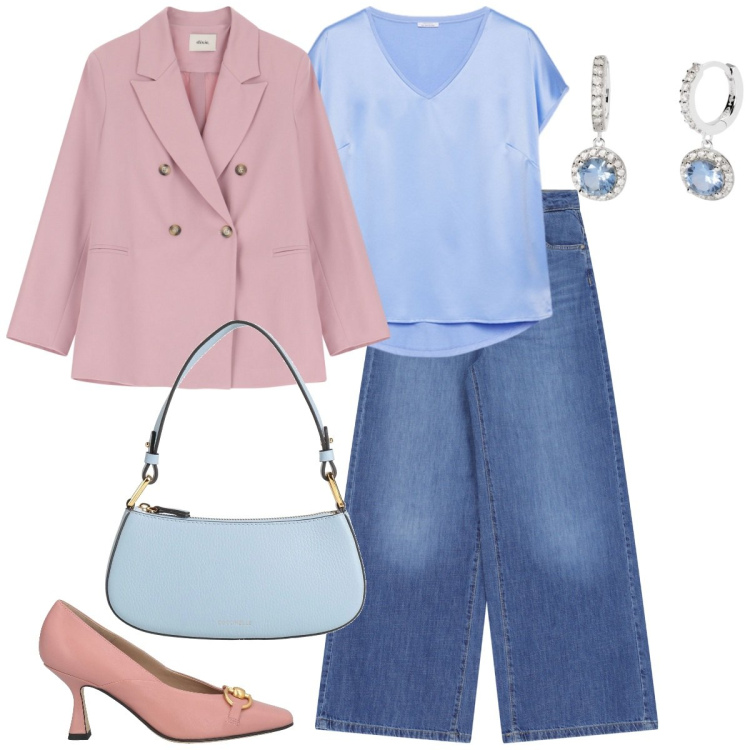 Outfit donna - Tonalità pastello - curvy. Stile Mannish per Ufficio. Abbinamento con décolleté, borse a mano, orecchini, blazer, pantaloni a palazzo, t-shirt.