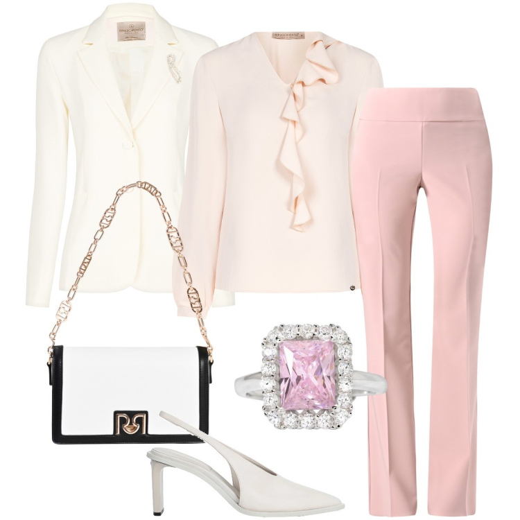 Outfit donna - Tonalità pastello di Rinascimento. Stile Romantica per Cerimonia. Abbinamento con décolleté, pantaloni, bluse, borse a tracolla, blazer, anelli.