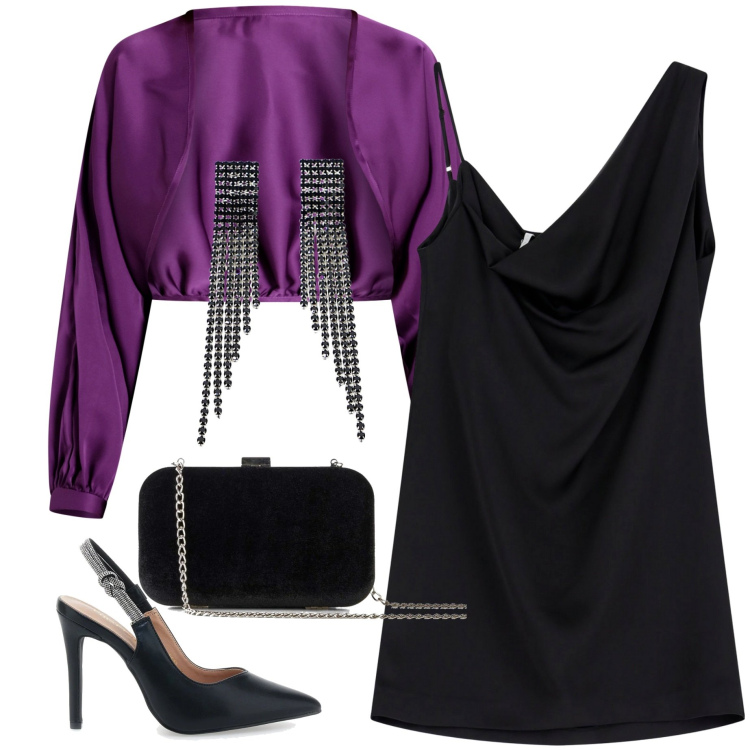 Outfit donna - Abito ansimmetrico. Stile Chic per Serata fuori. Abbinamento con pochette, bolero, vestiti asimmetrici, orecchini, décolleté.