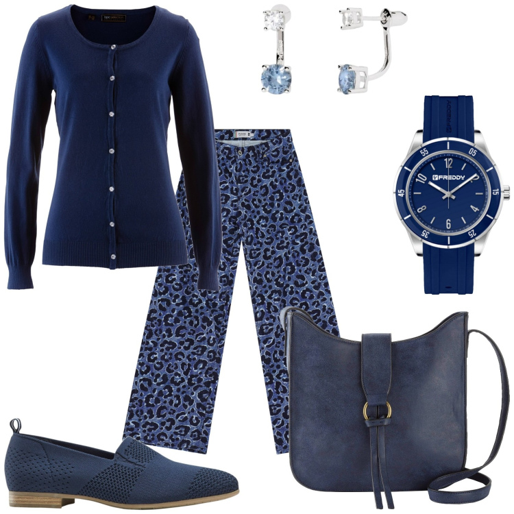 Outfit donna - Jeans ampi a stampa leopardata. Stile Trendy per Tutti i giorni. Abbinamento con cardigans, borse a tracolla, mocassini, orecchini, jeans, orologi.