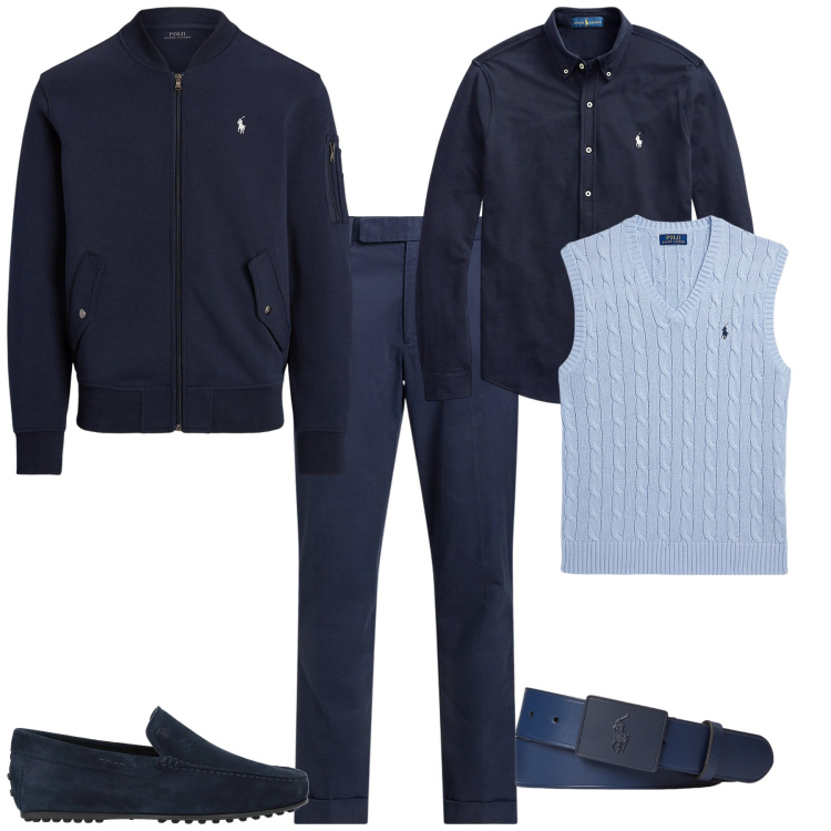 Outfit uomo - Total look #2064264. Stile Business/Elegante per Ufficio. Abbinamento con scarpe stringate, camicie, pantaloni chino, maglieria, bomber, cinture.