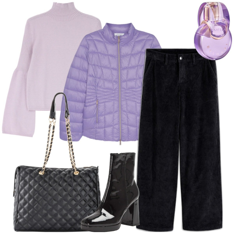 Outfit donna - Il mio colore preferito. Stile Casual chic per Tutti i giorni. Abbinamento con shopping bag, pantaloni a palazzo, profumi, stivaletti, maglieria, piumini.