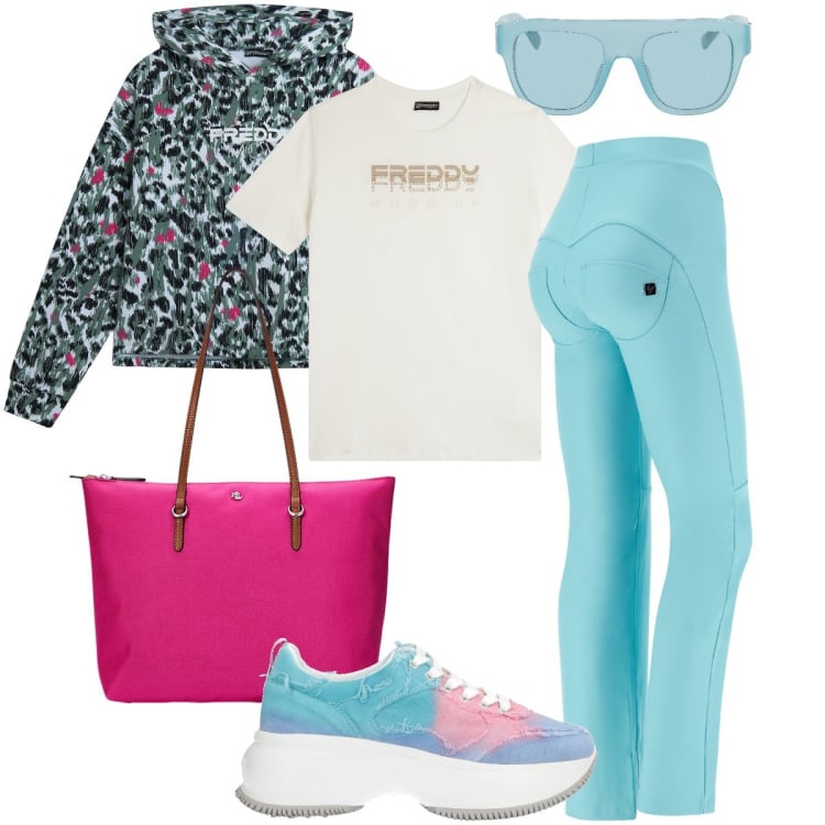 Outfit donna - Azzurro predominante. Stile Sporty chic per Sport. Abbinamento con sneakers, occhiali da sole, felpe con cappuccio, pantaloni, t-shirt, borse tote.