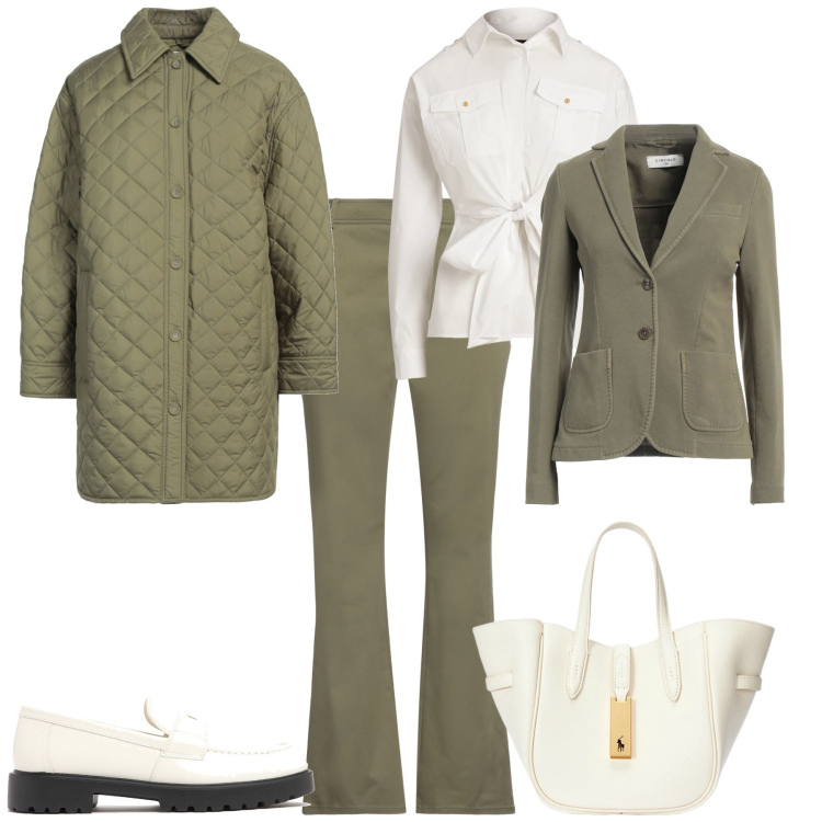 Outfit donna - Total look #2064279. Stile Sporty chic per Ufficio. Abbinamento con pantaloni, blazer, cappotti, borse tote, camicie, mocassini.